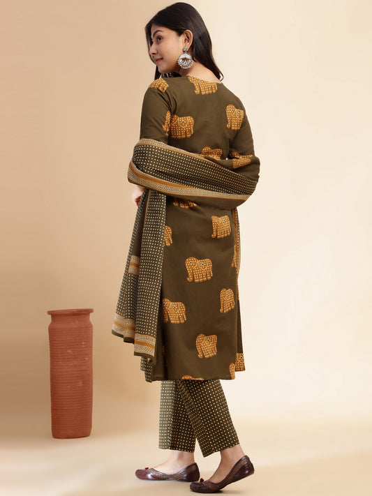 Mehendi Green Animal Print Anarkali Cotton Stitched Kurta Set