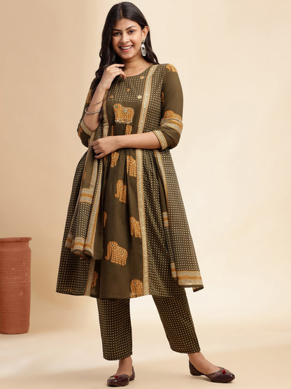Mehendi Green Animal Print Anarkali Cotton Stitched Kurta Set