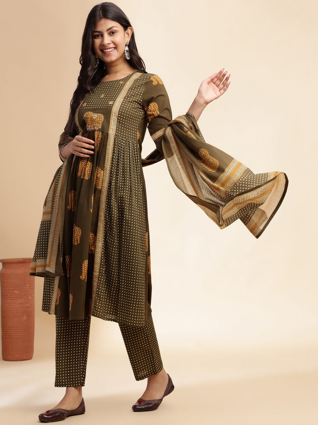 Mehendi Green Animal Print Anarkali Cotton Stitched Kurta Set