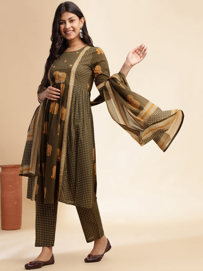 Mehendi Green Animal Print Anarkali Cotton Stitched Kurta Set