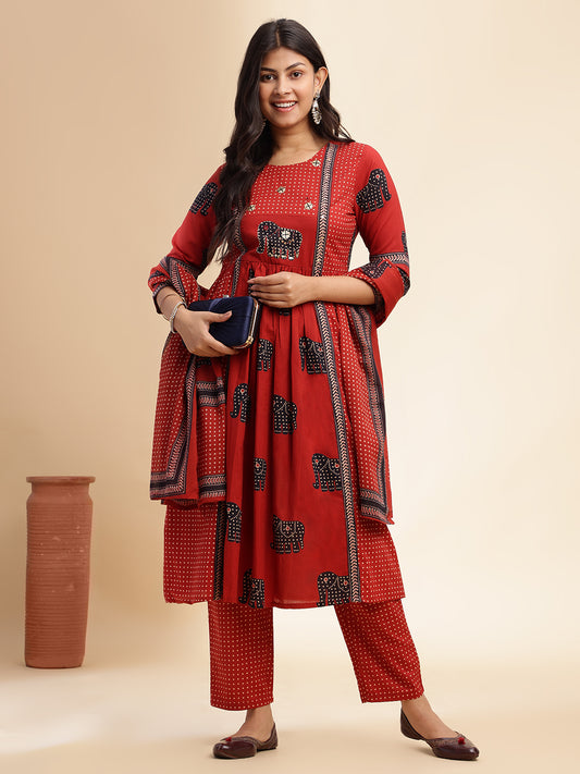 Maroon Animal Print Anarkali Cotton Stitched Kurta Set