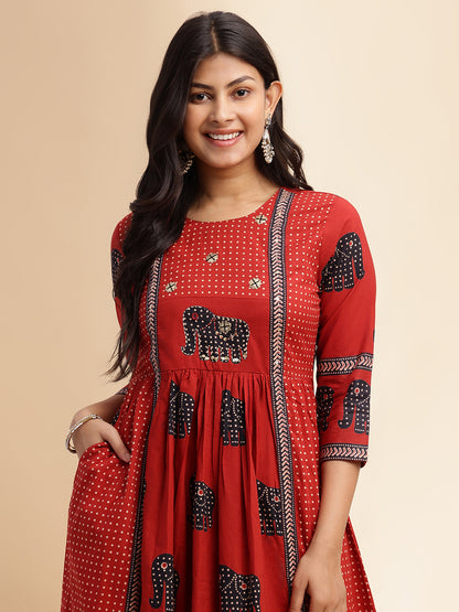 Maroon Animal Print Anarkali Cotton Stitched Kurta Set