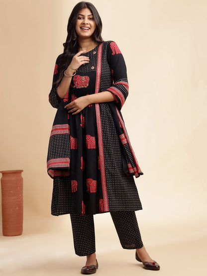 Black Animal Print Anarkali Cotton Stitched Kurta Set