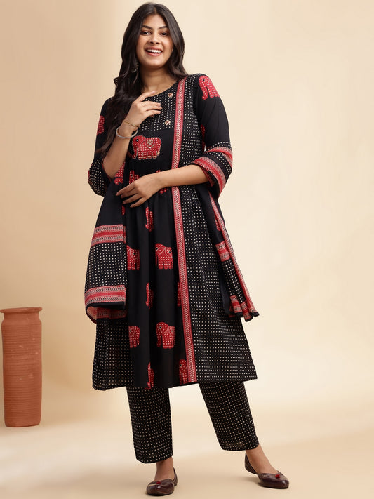Black Animal Print Anarkali Cotton Stitched Kurta Set