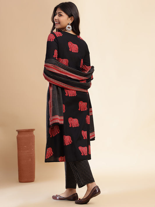 Black Animal Print Anarkali Cotton Stitched Kurta Set