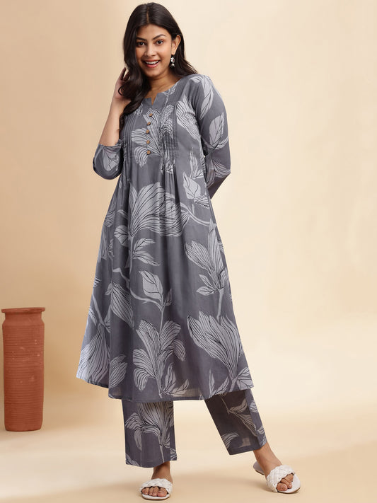 Grey Leaf Print A-Line Cotton Stitched Kurta Set