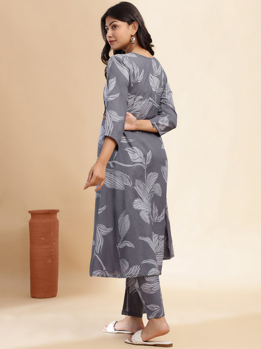 Grey Leaf Print A-Line Cotton Stitched Kurta Set