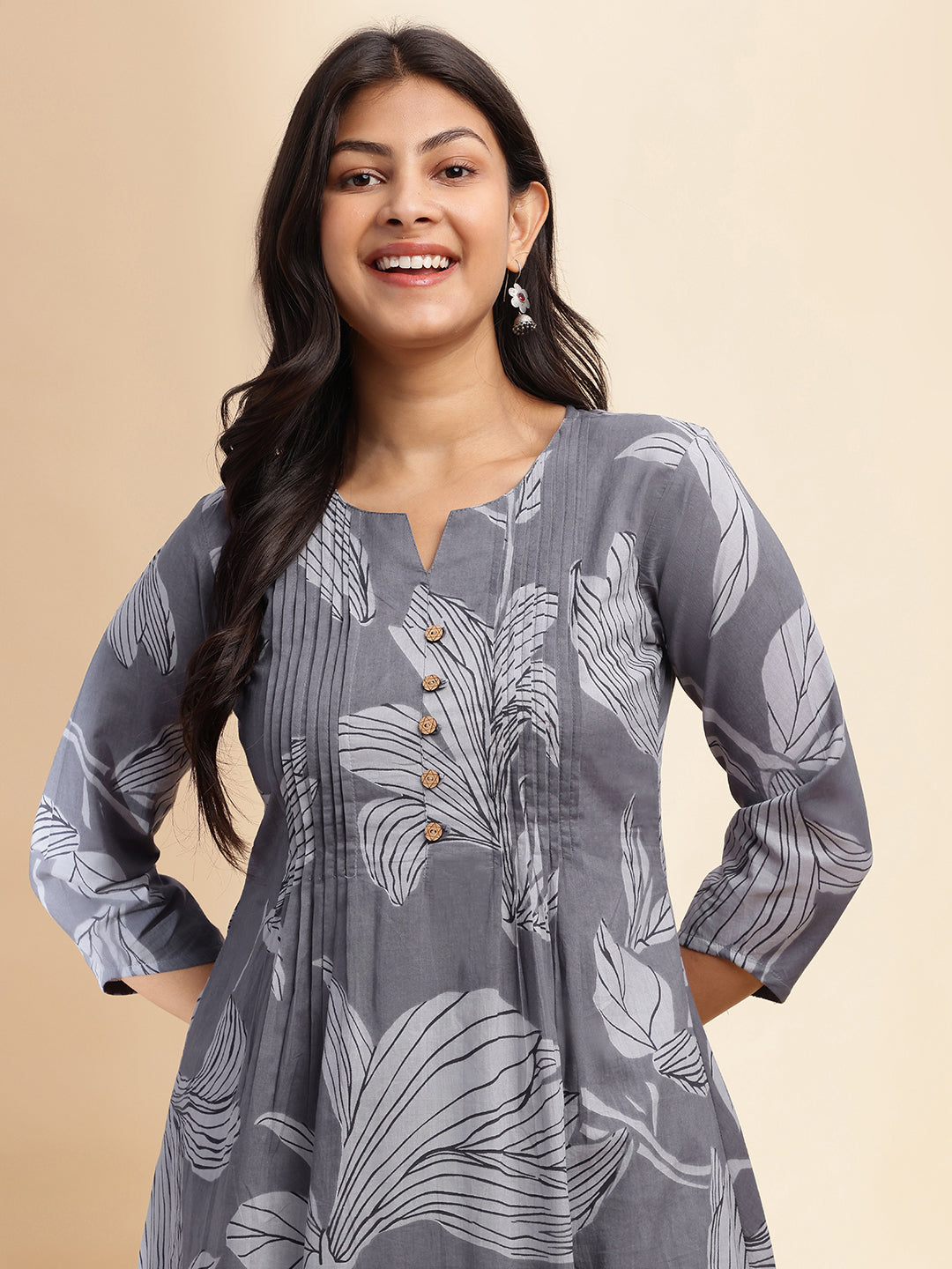 Grey Leaf Print A-Line Cotton Stitched Kurta Set