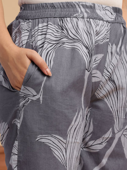 Grey Leaf Print A-Line Cotton Stitched Kurta Set