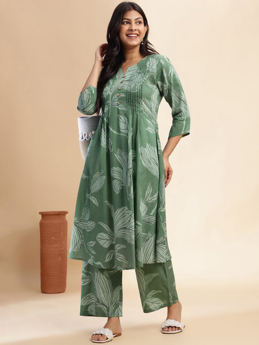 Pista Green Leaf Print A-Line Cotton Stitched Kurta Set