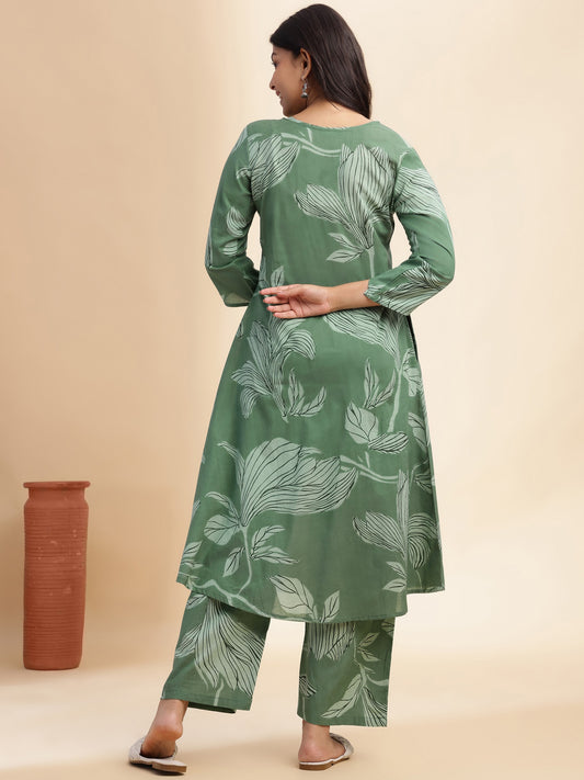 Pista Green Leaf Print A-Line Cotton Stitched Kurta Set
