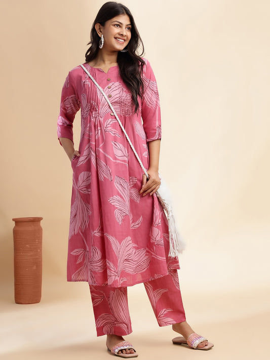 Pink Leaf Print A-Line Cotton Stitched Kurta Set