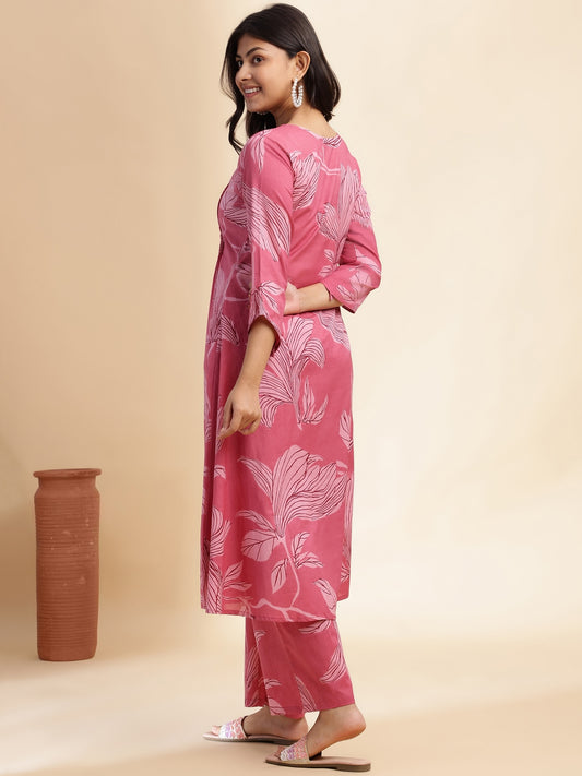 Pink Leaf Print A-Line Cotton Stitched Kurta Set