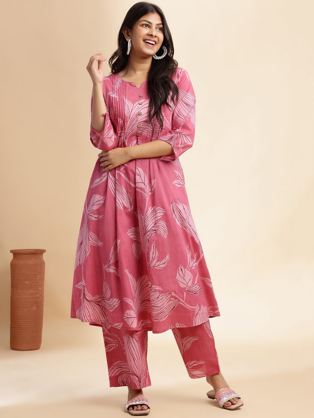 Pink Leaf Print A-Line Cotton Stitched Kurta Set