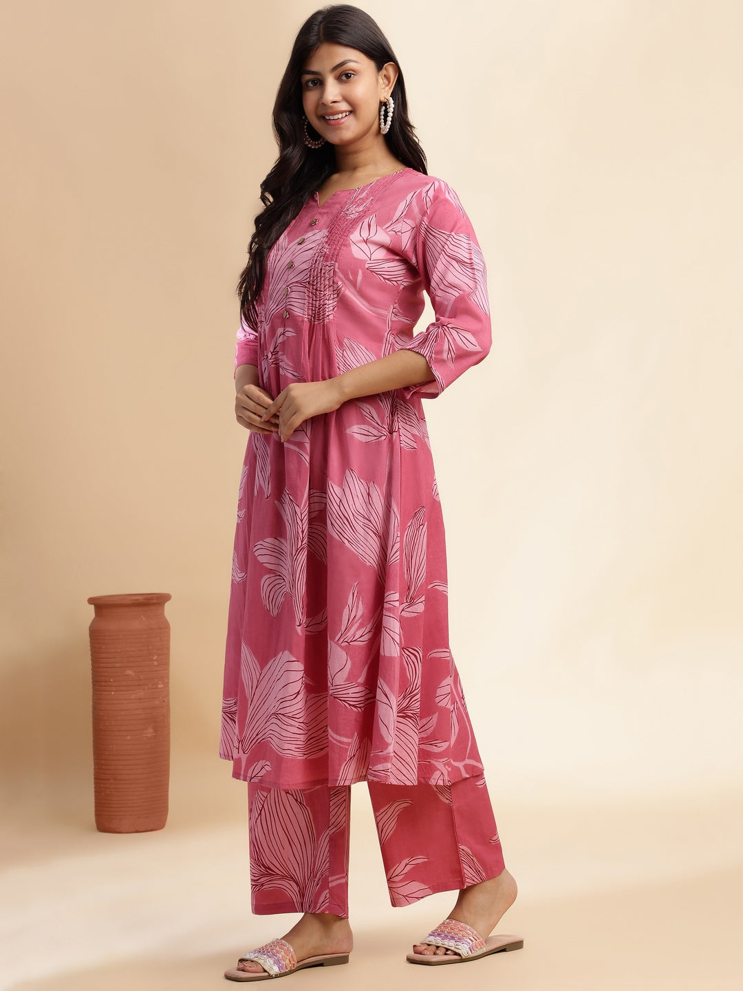 Pink Leaf Print A-Line Cotton Stitched Kurta Set
