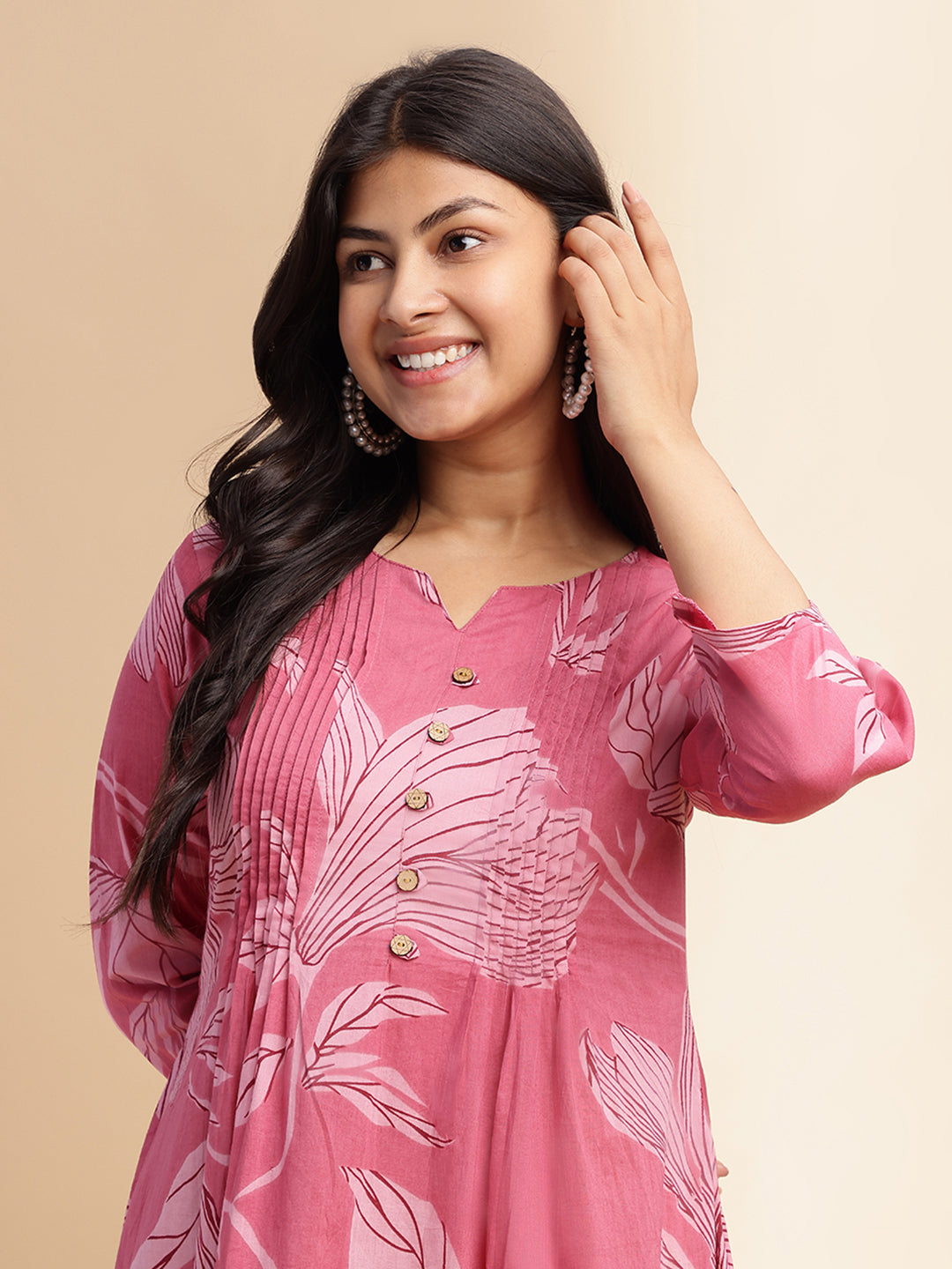 Pink Leaf Print A-Line Cotton Stitched Kurta Set