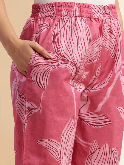Pink Leaf Print A-Line Cotton Stitched Kurta Set