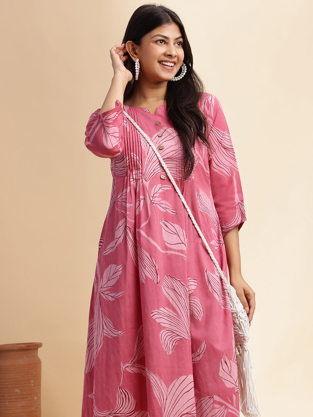 Pink Leaf Print A-Line Cotton Stitched Kurta Set