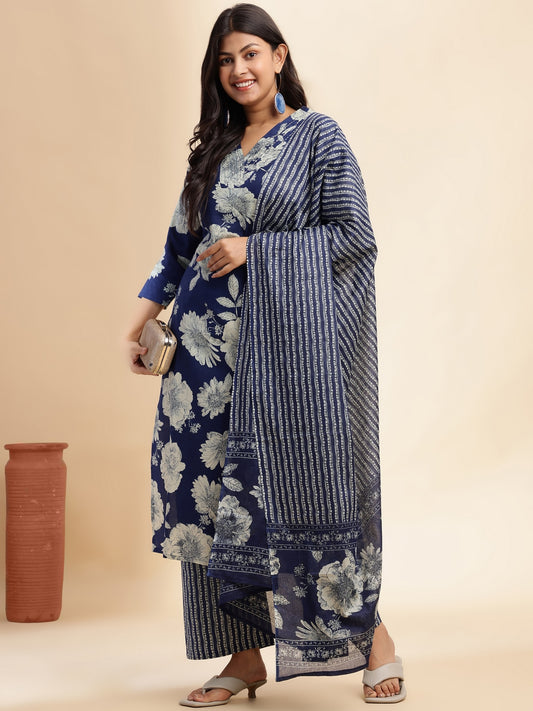 Blue Floral Print Straight Cotton Stitched Kurta Set