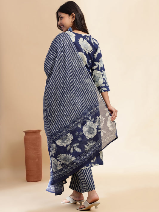 Blue Floral Print Straight Cotton Stitched Kurta Set
