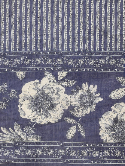 Blue Floral Print Straight Cotton Stitched Kurta Set