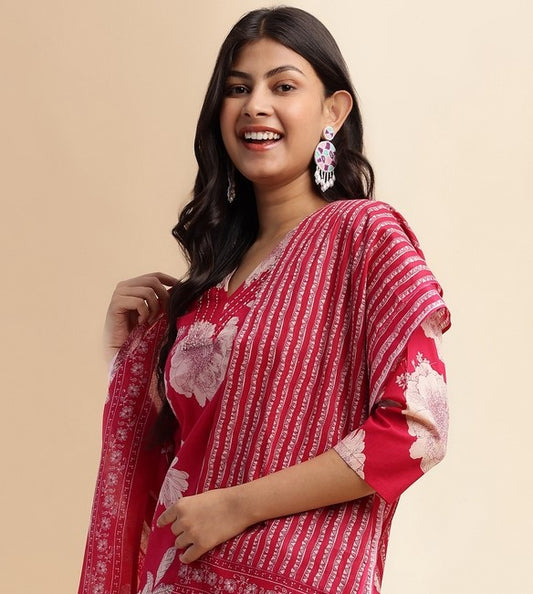 Rani Pink Floral Print Straight Cotton Stitched Kurta Set