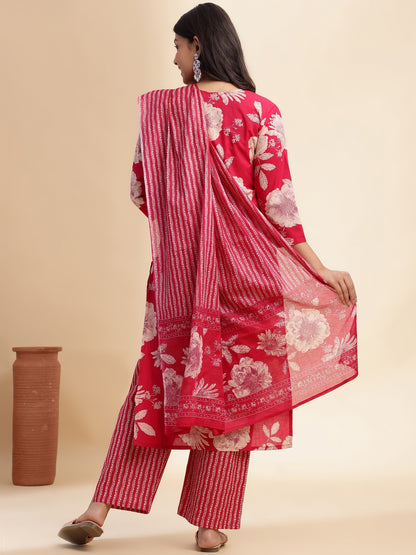 Rani Pink Floral Print Straight Cotton Stitched Kurta Set