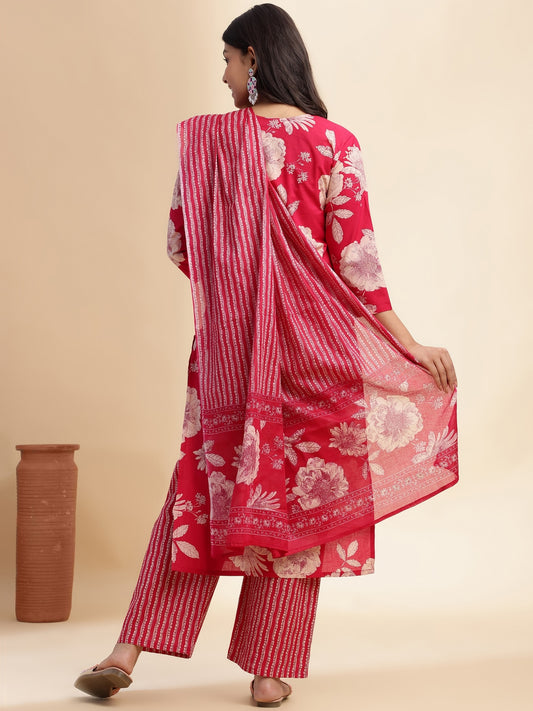 Rani Pink Floral Print Straight Cotton Stitched Kurta Set