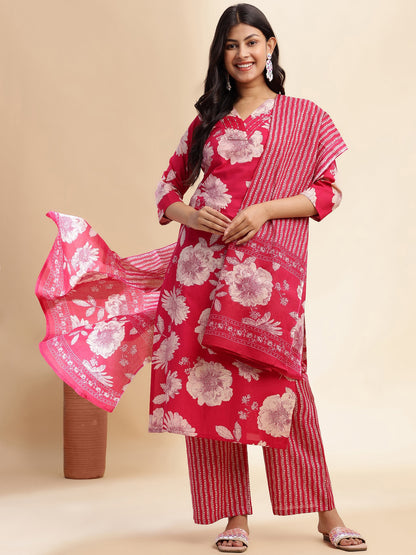 Rani Pink Floral Print Straight Cotton Stitched Kurta Set
