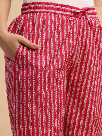 Rani Pink Floral Print Straight Cotton Stitched Kurta Set