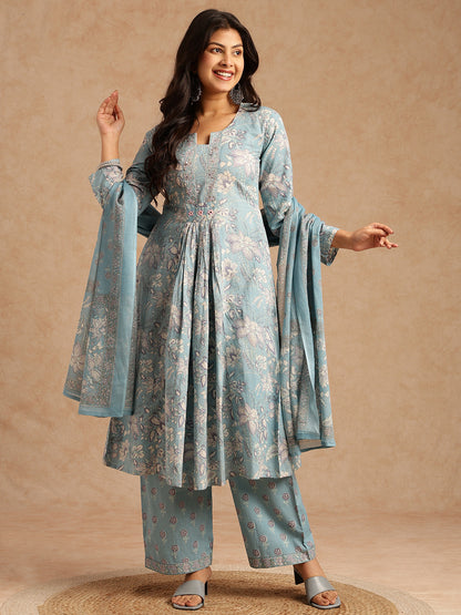 Sky Blue Floral Print A-Line Cotton Stitched Kurta Set