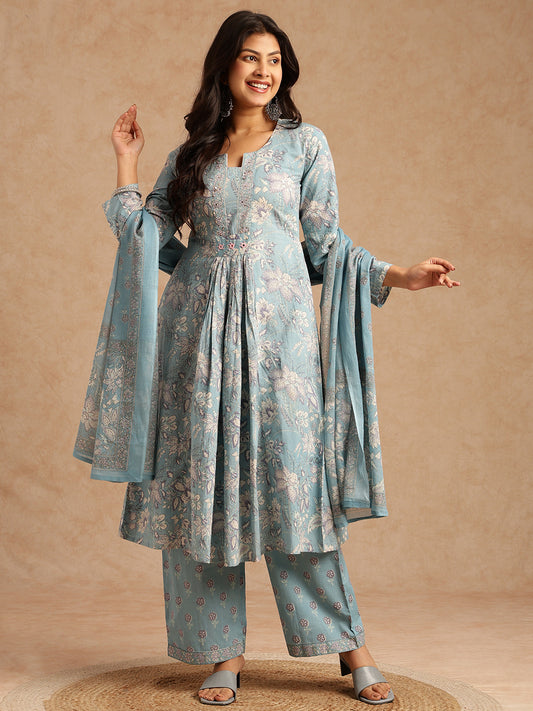 Sky Blue Floral Print A-Line Cotton Stitched Kurta Set