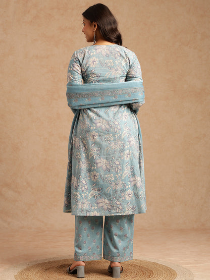 Sky Blue Floral Print A-Line Cotton Stitched Kurta Set