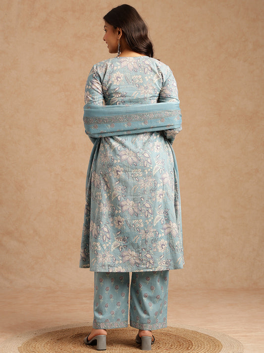 Sky Blue Floral Print A-Line Cotton Stitched Kurta Set
