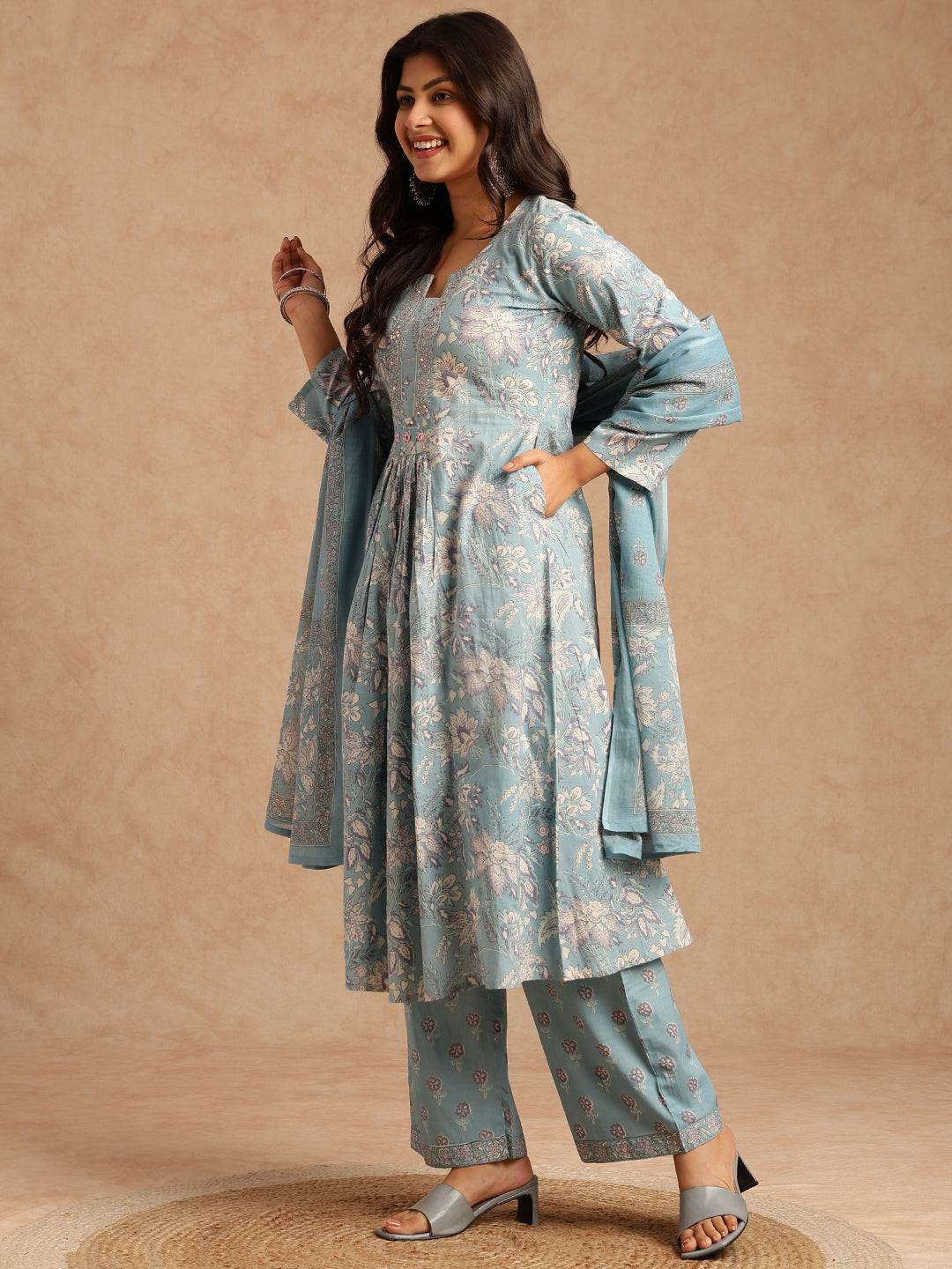Sky Blue Floral Print A-Line Cotton Stitched Kurta Set