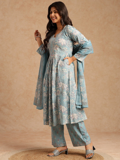 Sky Blue Floral Print A-Line Cotton Stitched Kurta Set