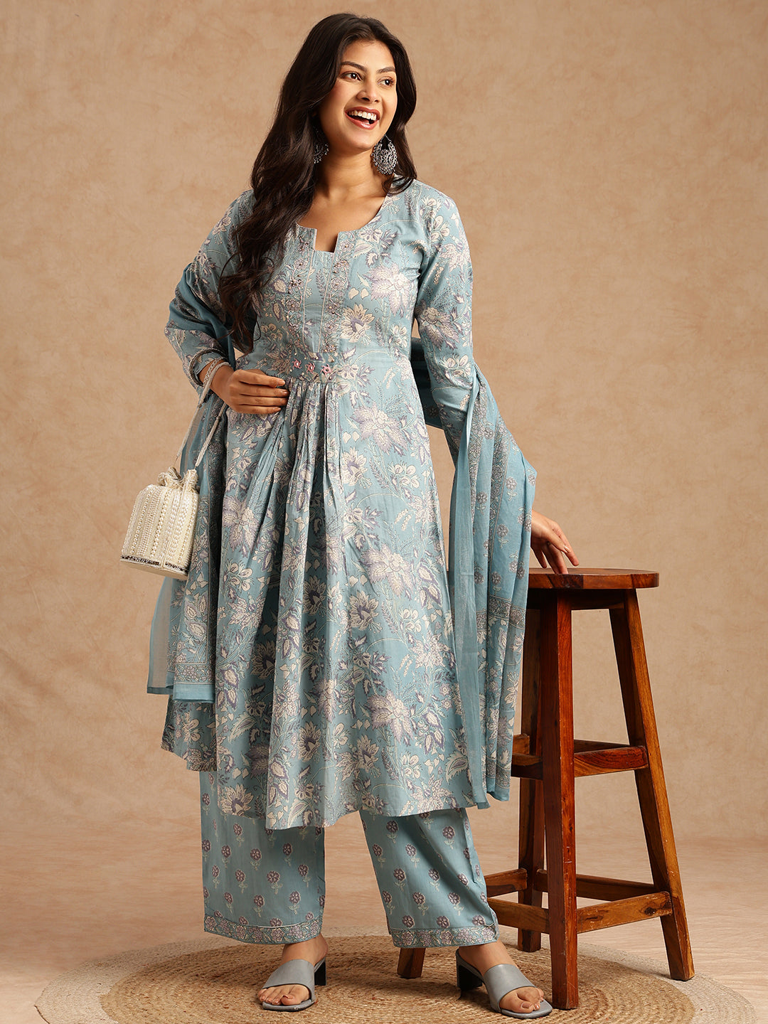 Sky Blue Floral Print A-Line Cotton Stitched Kurta Set