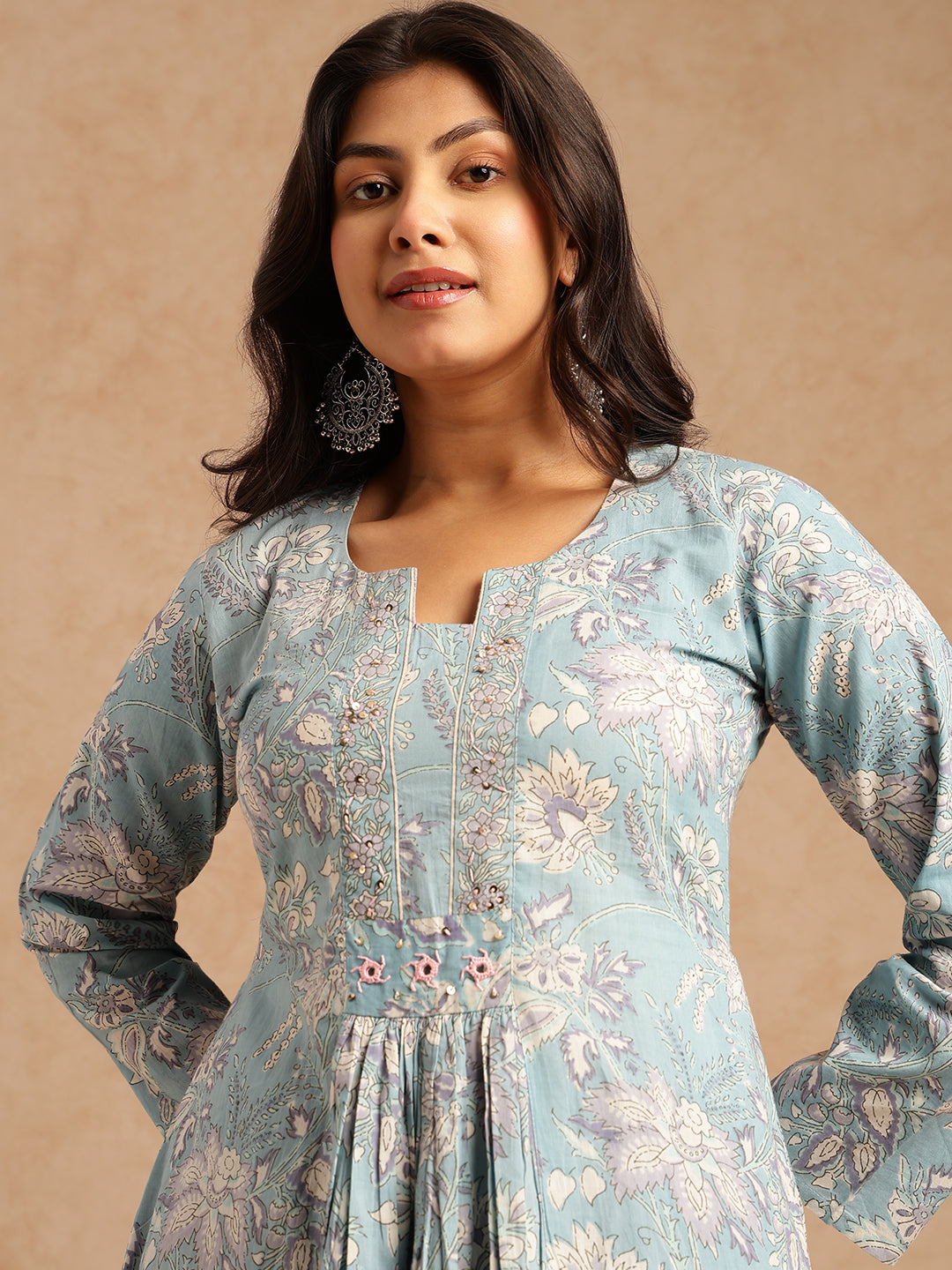 Sky Blue Floral Print A-Line Cotton Stitched Kurta Set