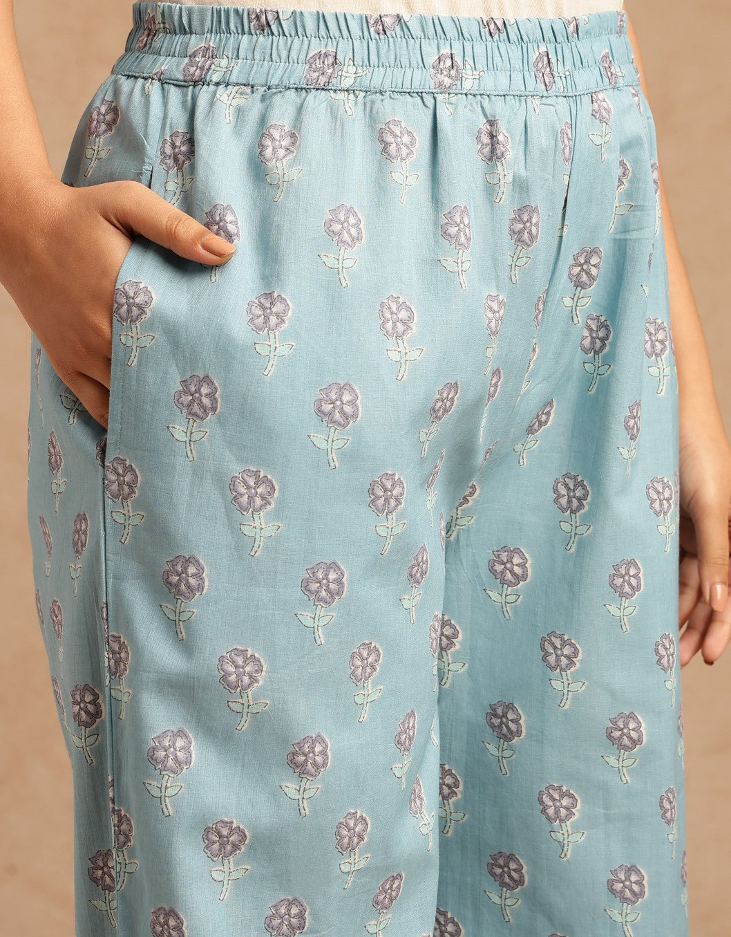 Sky Blue Floral Print A-Line Cotton Stitched Kurta Set