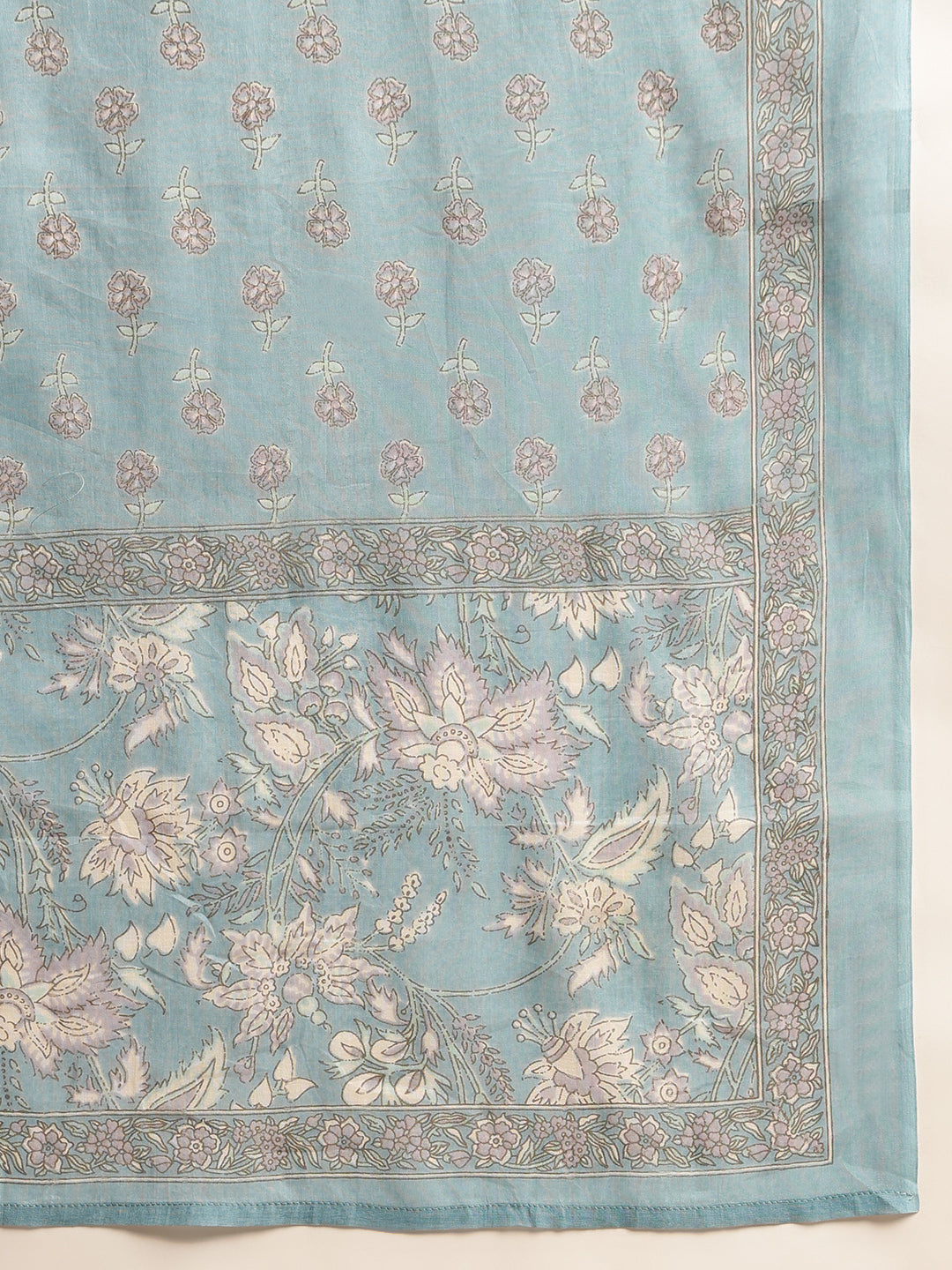 Sky Blue Floral Print A-Line Cotton Stitched Kurta Set