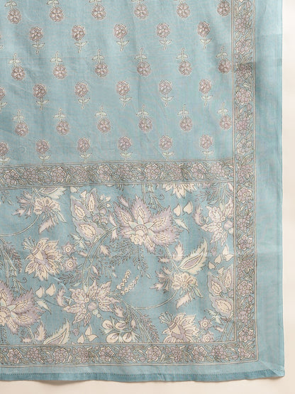 Sky Blue Floral Print A-Line Cotton Stitched Kurta Set