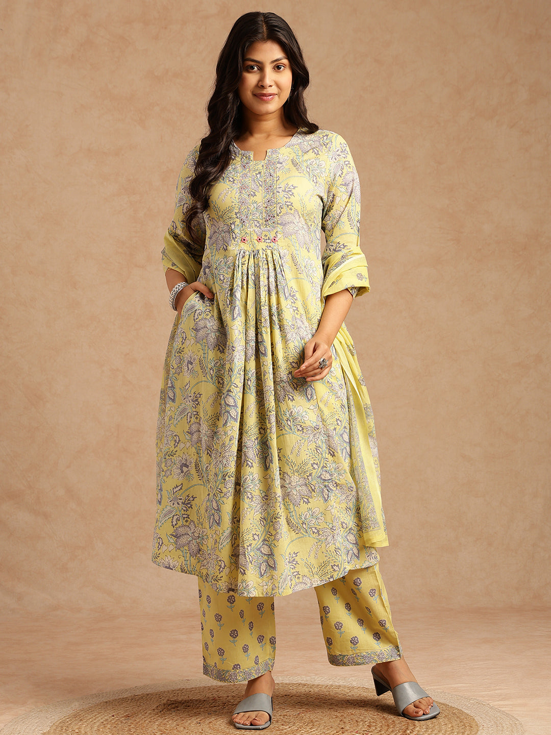 Yellow Floral Print A-Line Cotton Stitched Kurta Set
