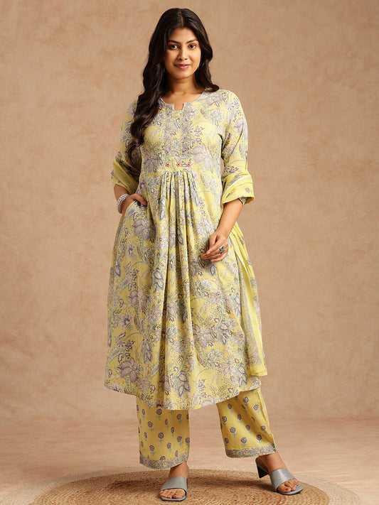 Yellow Floral Print A-Line Cotton Stitched Kurta Set