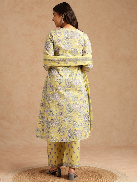 Yellow Floral Print A-Line Cotton Stitched Kurta Set