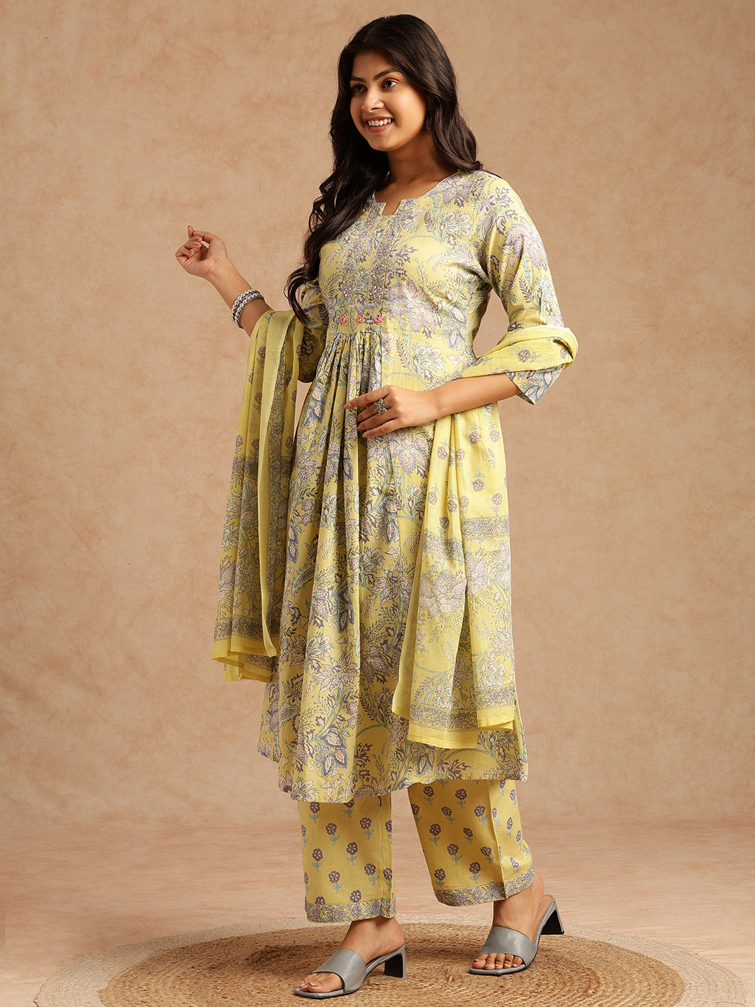Yellow Floral Print A-Line Cotton Stitched Kurta Set