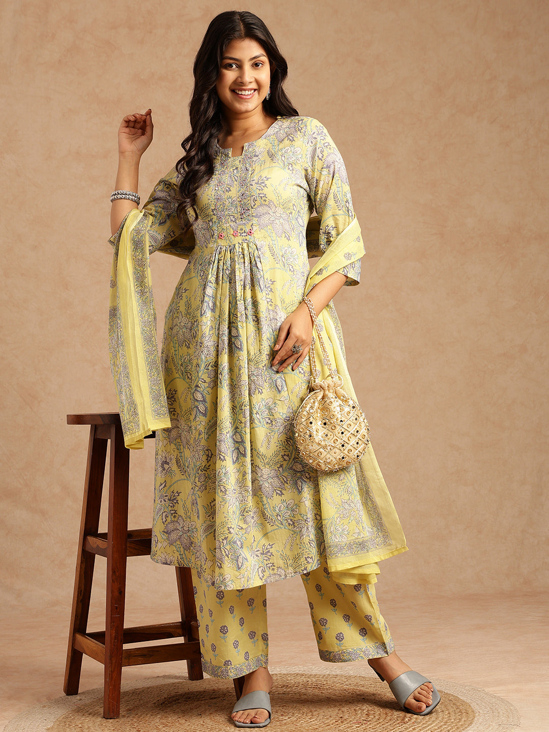 Yellow Floral Print A-Line Cotton Stitched Kurta Set