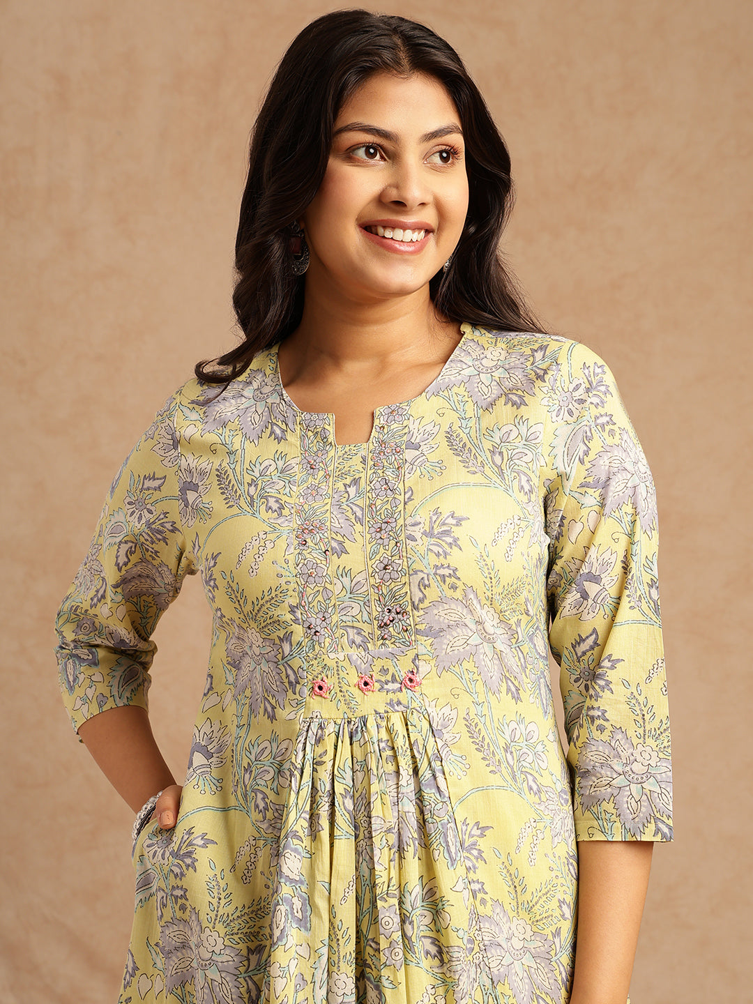 Yellow Floral Print A-Line Cotton Stitched Kurta Set