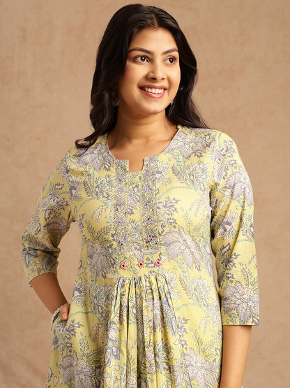 Yellow Floral Print A-Line Cotton Stitched Kurta Set