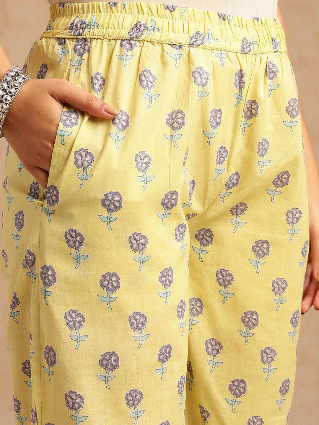 Yellow Floral Print A-Line Cotton Stitched Kurta Set