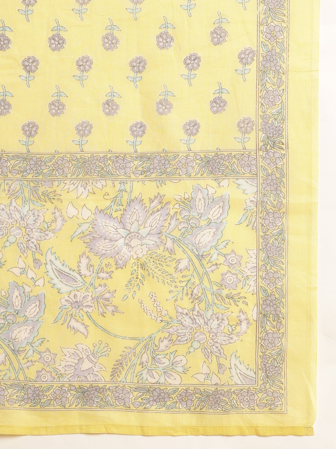 Yellow Floral Print A-Line Cotton Stitched Kurta Set